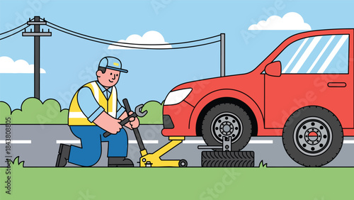 Modern flat vector illustration of a repairman changing a car tire on the roadside, ideal for automotive services, safety guides, roadside assistance ads, and repair branding