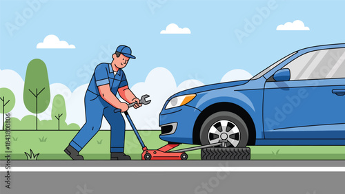 Modern flat vector illustration of a repairman changing a car tire on the roadside, ideal for automotive services, safety guides, roadside assistance ads, and repair branding