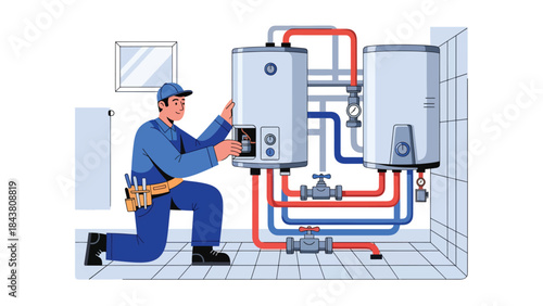 Flat vector illustration of a repairman inspecting and repairing a home water heater, ideal for plumbing services, maintenance guides, appliance repair ads, and service visuals
