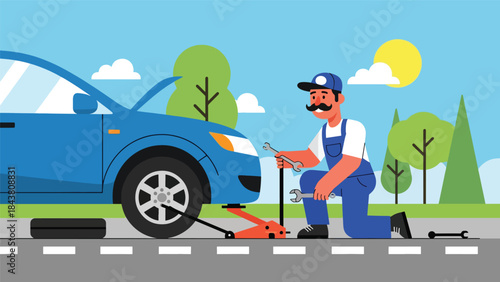 Modern flat vector illustration of a repairman changing a car tire on the roadside, ideal for automotive services, safety guides, roadside assistance ads, and repair branding