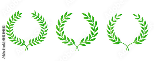 Green laurel wreath. Green silhouette laurel foliate wreaths, award, achievement, chaplet, heraldry, nobility. Green leaf silhouette on PNG.
