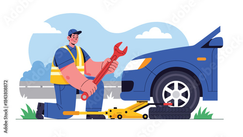 Modern flat vector illustration of a repairman changing a car tire on the roadside, ideal for automotive services, safety guides, roadside assistance ads, and repair branding