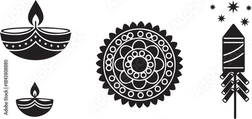 Diwali festival icons traditional oil lamps rangoli and firecracker silhouette for celebration design