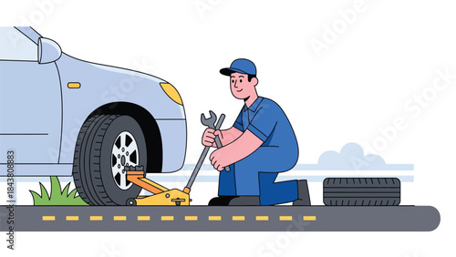 Modern flat vector illustration of a repairman changing a car tire on the roadside, ideal for automotive services, safety guides, roadside assistance ads, and repair branding