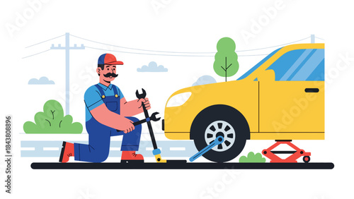 Modern flat vector illustration of a repairman changing a car tire on the roadside, ideal for automotive services, safety guides, roadside assistance ads, and repair branding