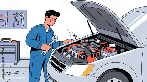 Flat vector illustration of a repairman repairing a car engine with open hood, ideal for automotive workshops, mechanical services, repair manuals, and vehicle maintenance visuals