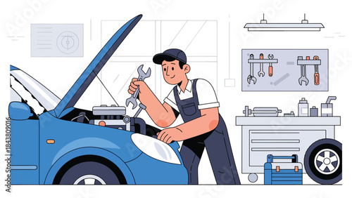 Flat vector illustration of a repairman repairing a car engine with open hood, ideal for automotive workshops, mechanical services, repair manuals, and vehicle maintenance visuals