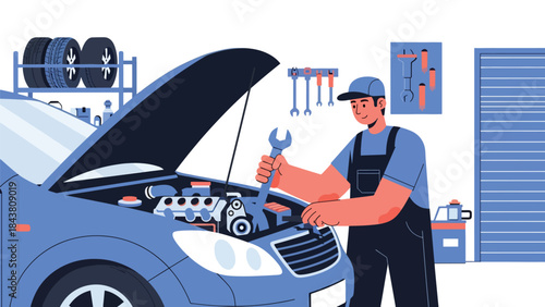 Flat vector illustration of a repairman repairing a car engine with open hood, ideal for automotive workshops, mechanical services, repair manuals, and vehicle maintenance visuals