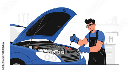 Flat vector illustration of a repairman repairing a car engine with open hood, ideal for automotive workshops, mechanical services, repair manuals, and vehicle maintenance visuals