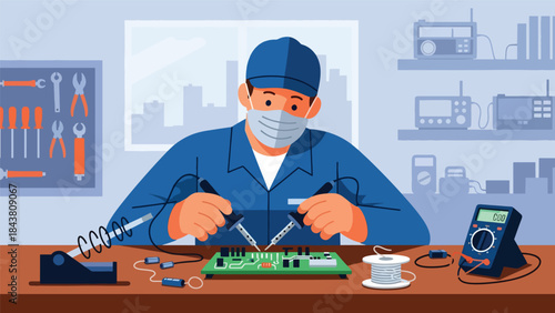 Flat vector illustration of a repairman soldering electronic components on a circuit board, ideal for electronics manufacturing visuals, repair services, and technical education content