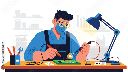 Flat vector illustration of a repairman soldering electronic components on a circuit board, ideal for electronics manufacturing visuals, repair services, and technical education content