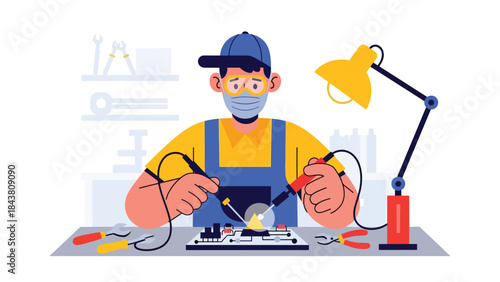 Flat vector illustration of a repairman soldering electronic components on a circuit board, ideal for electronics manufacturing visuals, repair services, and technical education content