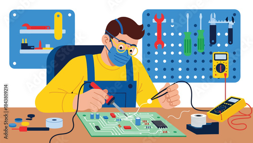 Flat vector illustration of a repairman soldering electronic components on a circuit board, ideal for electronics manufacturing visuals, repair services, and technical education content