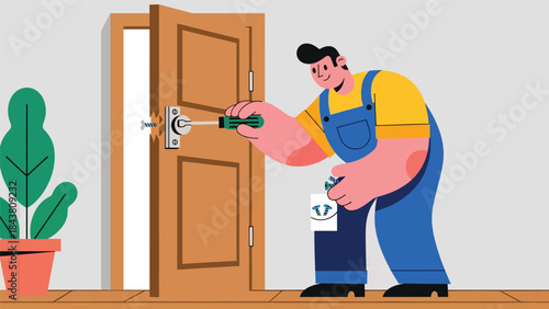 Modern flat vector illustration of a repairman fixing a wooden door hinge, ideal for home improvement visuals, maintenance guides, handyman services, and repair branding