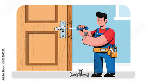 Modern flat vector illustration of a repairman fixing a wooden door hinge, ideal for home improvement visuals, maintenance guides, handyman services, and repair branding