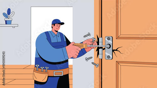 Modern flat vector illustration of a repairman fixing a wooden door hinge, ideal for home improvement visuals, maintenance guides, handyman services, and repair branding