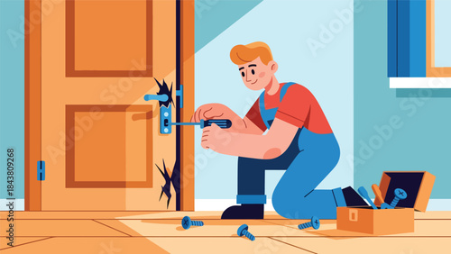 Modern flat vector illustration of a repairman fixing a wooden door hinge, ideal for home improvement visuals, maintenance guides, handyman services, and repair branding