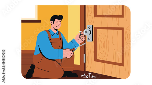 Modern flat vector illustration of a repairman fixing a wooden door hinge, ideal for home improvement visuals, maintenance guides, handyman services, and repair branding