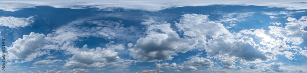 Obraz premium Blue sky panorama with Cirrus clouds in Seamless spherical equirectangular format. Full zenith for use in 3D graphics, game and editing aerial drone 360 degree panoramas for sky replacement.
