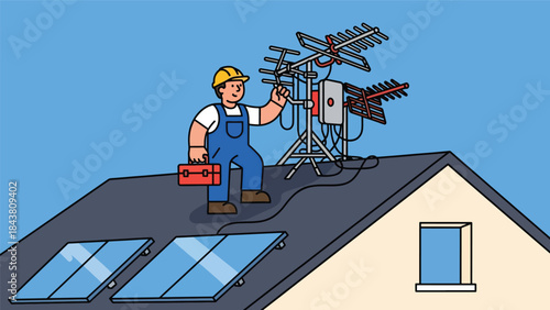 Flat vector illustration of a repairman fixing TV antennas and cables on a rooftop, ideal for telecom services, installation guides, maintenance visuals, and technical branding