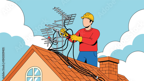 Flat vector illustration of a repairman fixing TV antennas and cables on a rooftop, ideal for telecom services, installation guides, maintenance visuals, and technical branding