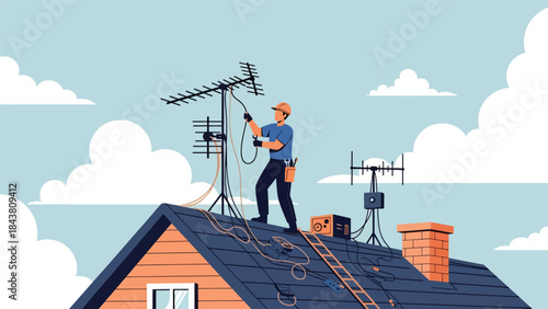 Flat vector illustration of a repairman fixing TV antennas and cables on a rooftop, ideal for telecom services, installation guides, maintenance visuals, and technical branding