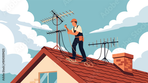 Flat vector illustration of a repairman fixing TV antennas and cables on a rooftop, ideal for telecom services, installation guides, maintenance visuals, and technical branding