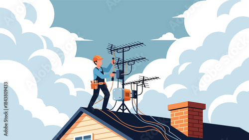 Flat vector illustration of a repairman fixing TV antennas and cables on a rooftop, ideal for telecom services, installation guides, maintenance visuals, and technical branding