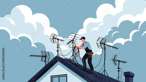 Flat vector illustration of a repairman fixing TV antennas and cables on a rooftop, ideal for telecom services, installation guides, maintenance visuals, and technical branding