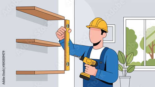 Flat vector illustration of a repairman installing wall shelves using drill and level tool, ideal for home improvement visuals, furniture installation guides, and handyman services
