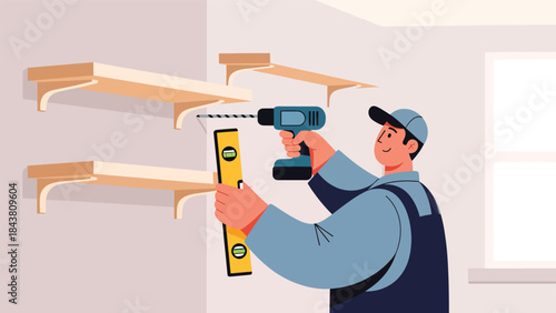 Flat vector illustration of a repairman installing wall shelves using drill and level tool, ideal for home improvement visuals, furniture installation guides, and handyman services