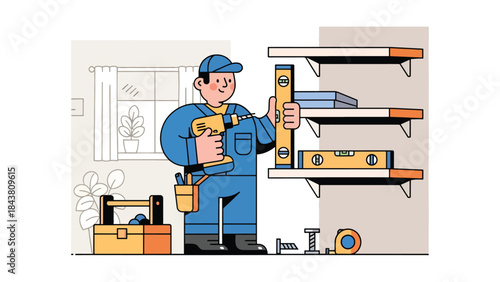 Flat vector illustration of a repairman installing wall shelves using drill and level tool, ideal for home improvement visuals, furniture installation guides, and handyman services