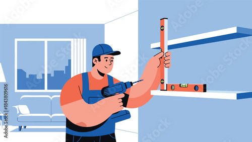 Flat vector illustration of a repairman installing wall shelves using drill and level tool, ideal for home improvement visuals, furniture installation guides, and handyman services
