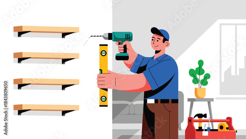 Flat vector illustration of a repairman installing wall shelves using drill and level tool, ideal for home improvement visuals, furniture installation guides, and handyman services