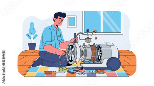 Modern flat vector illustration of a repairman repairing a vacuum cleaner motor, ideal for appliance services, maintenance manuals, household repair ads, and service branding