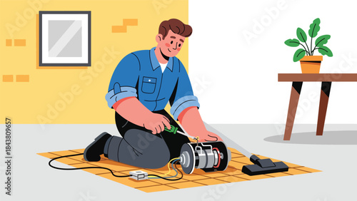 Modern flat vector illustration of a repairman repairing a vacuum cleaner motor, ideal for appliance services, maintenance manuals, household repair ads, and service branding