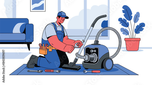 Modern flat vector illustration of a repairman repairing a vacuum cleaner motor, ideal for appliance services, maintenance manuals, household repair ads, and service branding