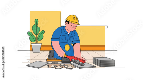 Modern flat vector illustration of a repairman replacing broken floor tiles, ideal for renovation visuals, construction services, home improvement guides, and repair branding