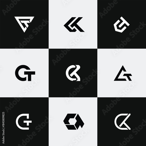 Modern collection of abstract geometric letter CT logo designs in black and white for branding and idengn