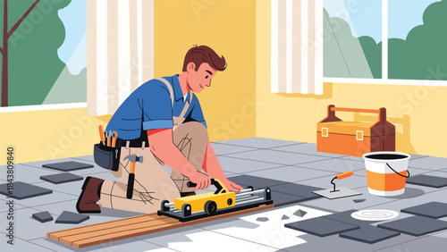 Modern flat vector illustration of a repairman replacing broken floor tiles, ideal for renovation visuals, construction services, home improvement guides, and repair branding