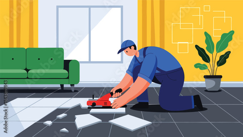 Modern flat vector illustration of a repairman replacing broken floor tiles, ideal for renovation visuals, construction services, home improvement guides, and repair branding
