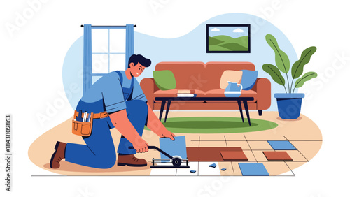 Modern flat vector illustration of a repairman replacing broken floor tiles, ideal for renovation visuals, construction services, home improvement guides, and repair branding