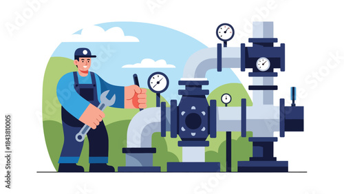Flat vector illustration of a repairman maintaining a water pump system with pipes and gauges, ideal for industrial services, plumbing visuals, maintenance manuals, and branding