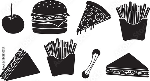Collection of black silhouette fast food items including burger pizza fries sandwich and apple