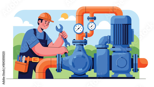 Flat vector illustration of a repairman maintaining a water pump system with pipes and gauges, ideal for industrial services, plumbing visuals, maintenance manuals, and branding