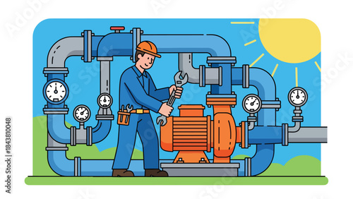 Flat vector illustration of a repairman maintaining a water pump system with pipes and gauges, ideal for industrial services, plumbing visuals, maintenance manuals, and branding