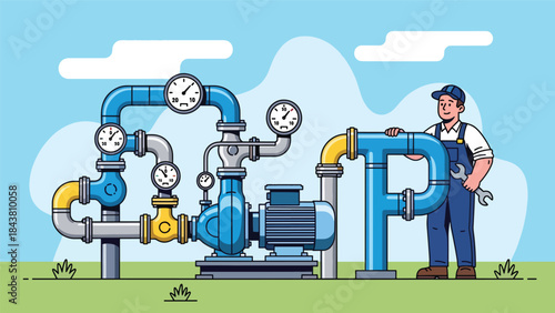 Flat vector illustration of a repairman maintaining a water pump system with pipes and gauges, ideal for industrial services, plumbing visuals, maintenance manuals, and branding