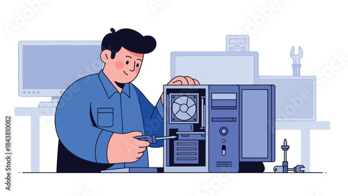Flat vector illustration of a repairman fixing a desktop computer with open case, ideal for IT services, tech support visuals, electronics repair ads, and maintenance guides