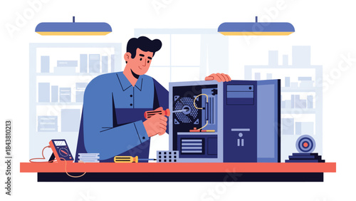 Flat vector illustration of a repairman fixing a desktop computer with open case, ideal for IT services, tech support visuals, electronics repair ads, and maintenance guides