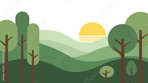 Modern flat vector forest landscape with stylized trees and layered hills in solid natural colors, ideal for nature prints, branding assets, backgrounds, and environmental projects